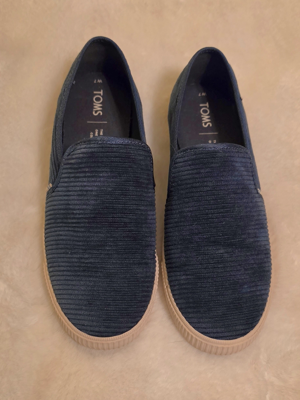 Toms Navy Blue Corduroy Slip-On Loafers with White Outsole